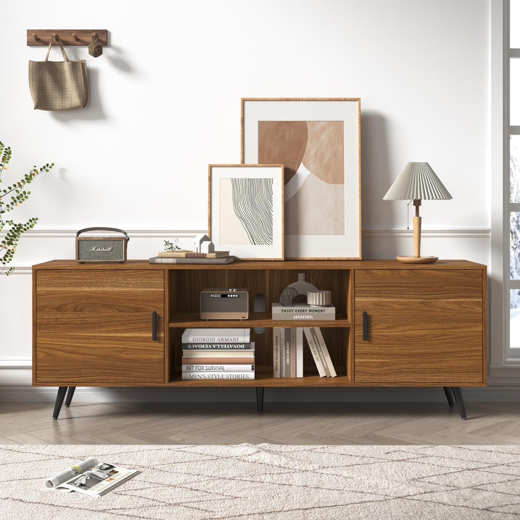 70 Inch Mid Century Modern TV Stand for 75 Inch TV, Wood TV Stand with Storage, Entertainment Center Bedroom, TV