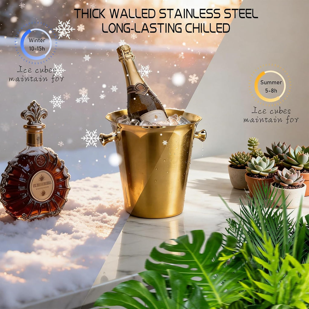 Ice Bucket with Stand Christmas Stainless Steel Standing Bucket Ice Cube Container, Wine Bucket on rack Gold