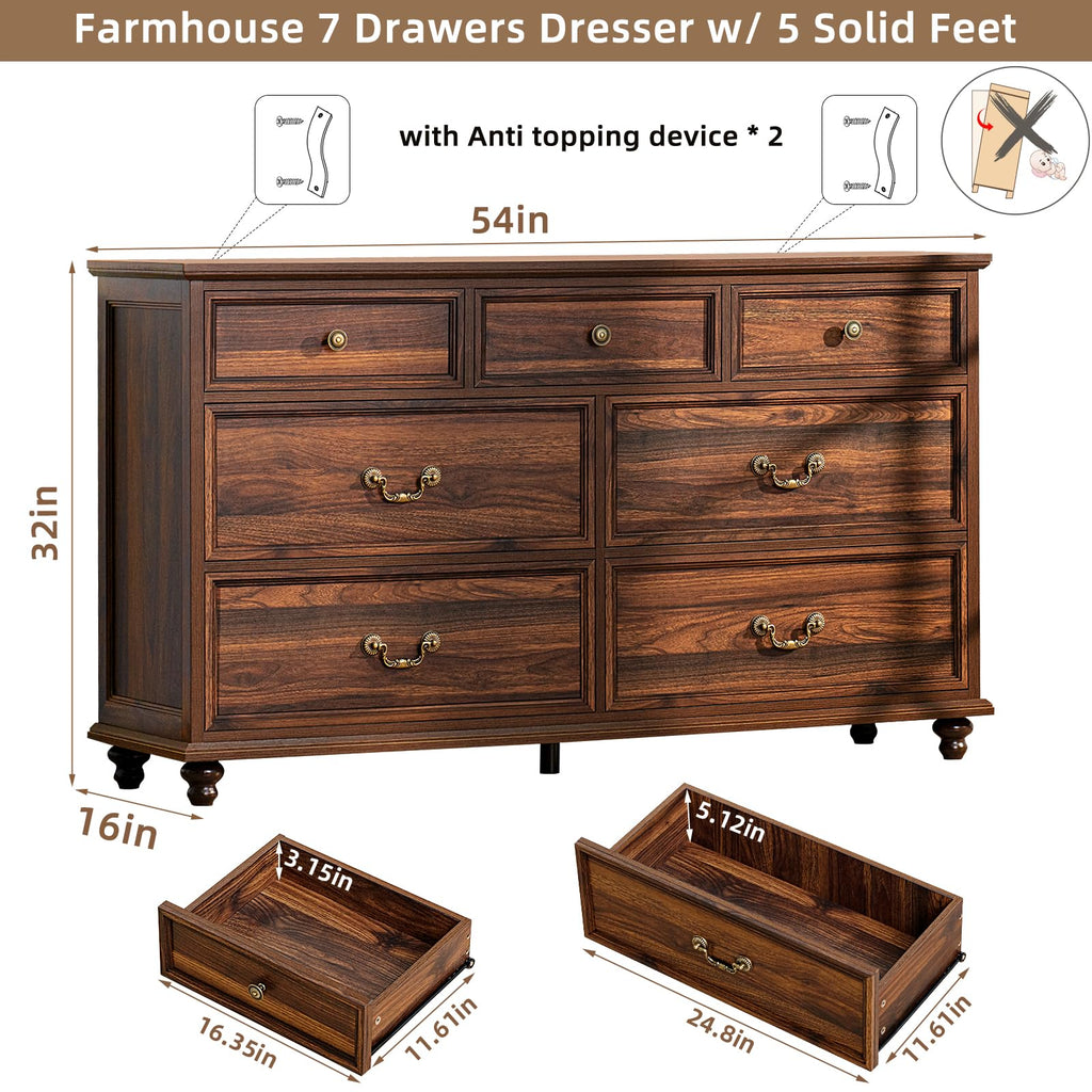 Farmhouse 54" 7 Drawers Dresser, Vintage Wood Chest of Drawers w/ 4 Wooden Legs, Wide Closet Storage Dressers