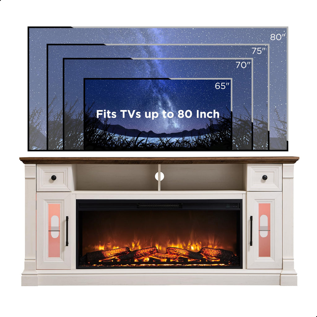 Farmhouse Fireplace TV Stand for 80" TV, Antique White