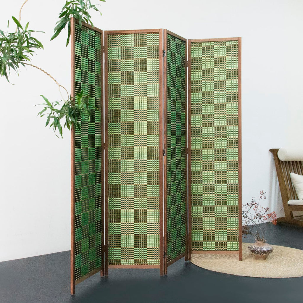 4 Panel Room Divider Screen and Folding Panel Screen, Double Sided Bamboo Divider for Room Separation, Emerald