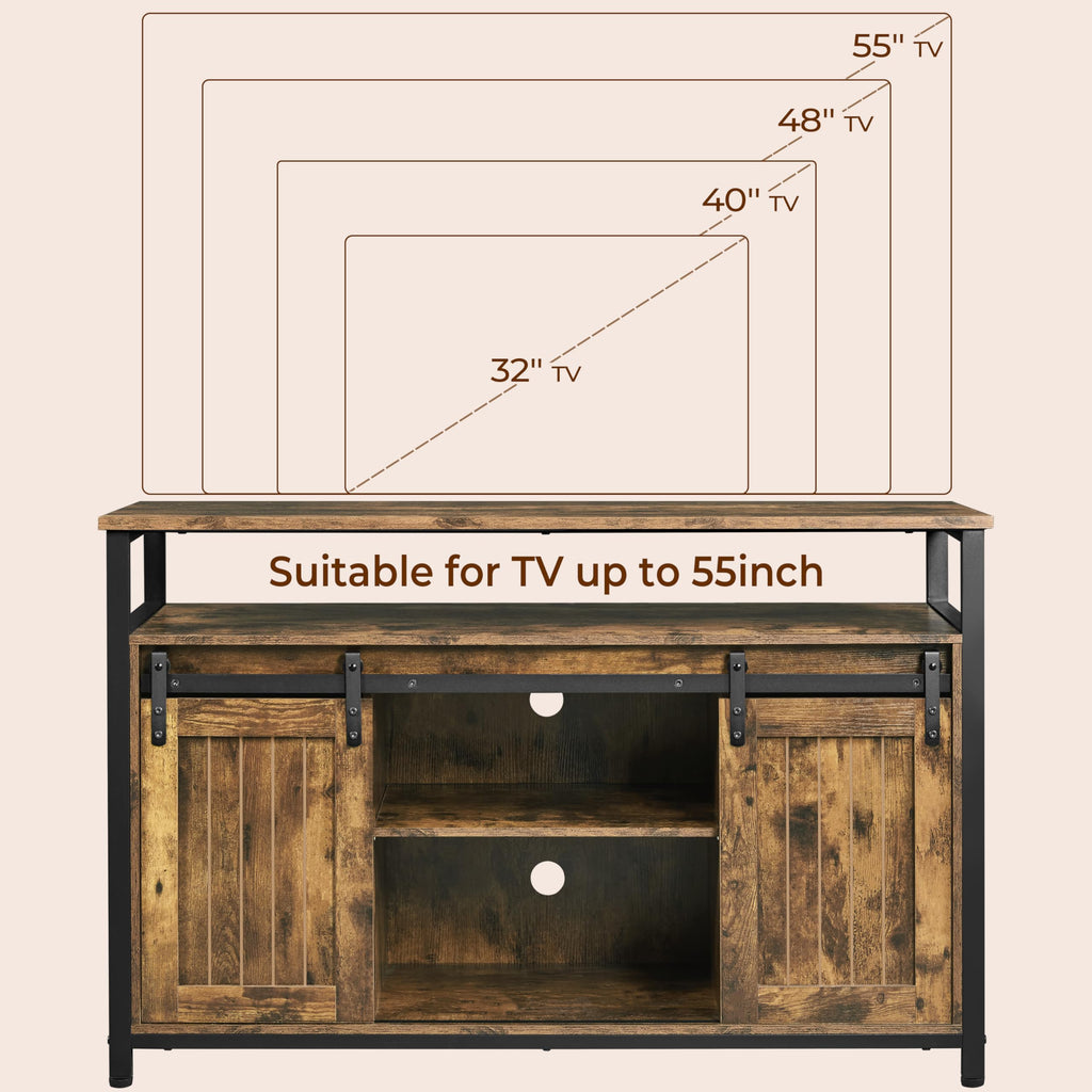 Farmhouse TV Stand for 55 Inch, Sliding Barn Door, Rustic Brown