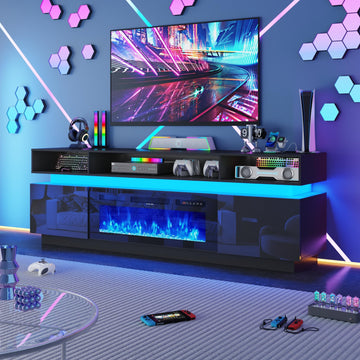 Fireplace TV Stand for 95" TV, 83" LED Entertainment Center with 40" Fireplace & Power Outlets, High Gloss TV Stand