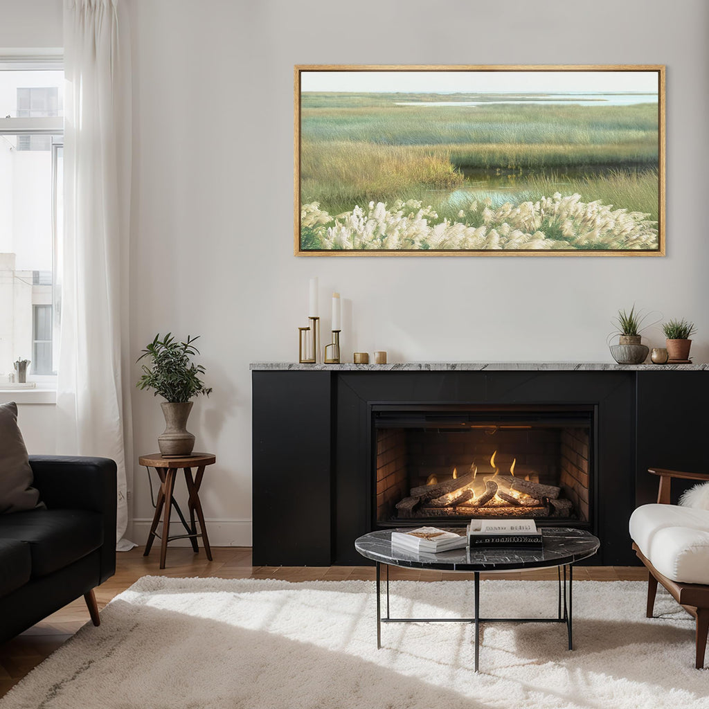 Extra Large Framed Canvas Print Wall Art Tranquil Marshland Soft Pastel Landscape with Golden Reeds and Calm Water