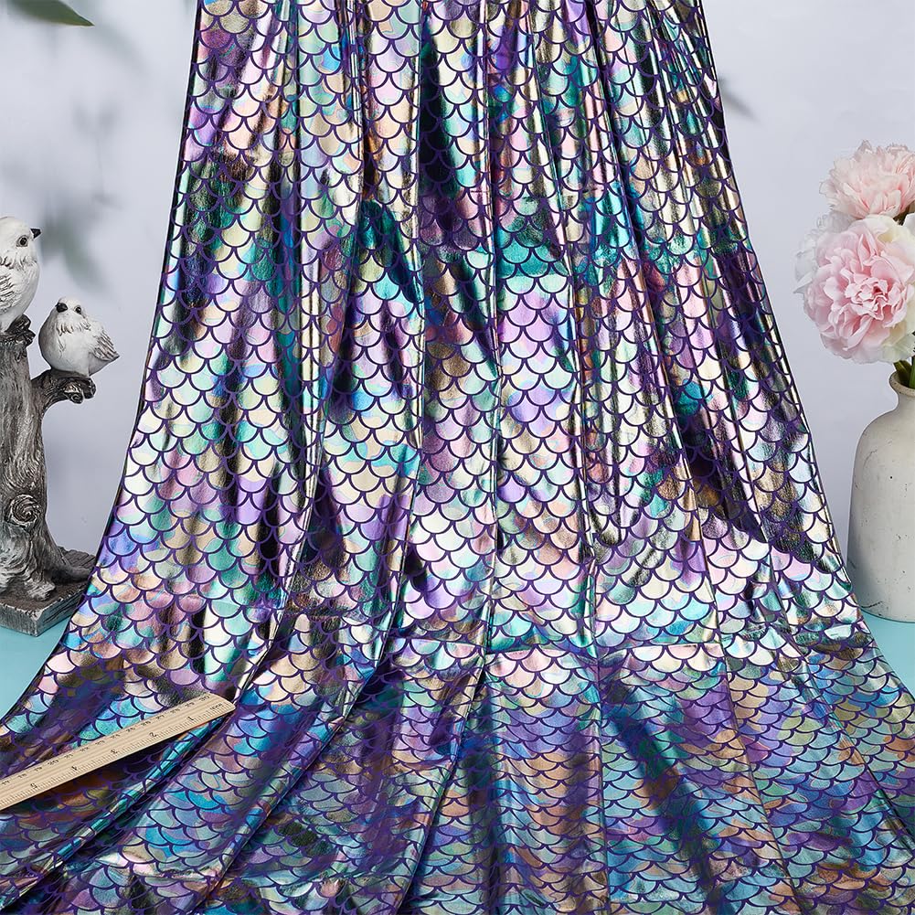 Mermaid Scales Fabric 39x59 Inch - Sparkly Purple Hologram Spandex Fish Scale for Clothes Sewing Craft - Charming
