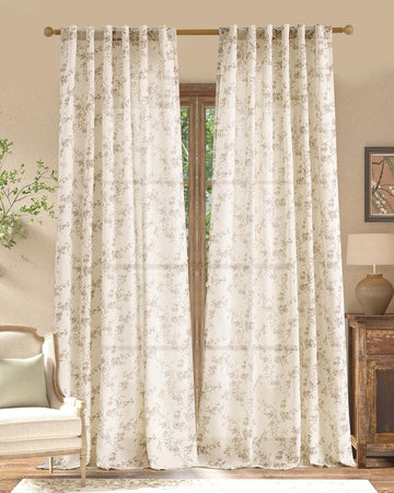 Linen Floral Curtains for Living Room 96 Inch Length Taupe Printed Curtains Back Tab French Country Farmhouse Flower