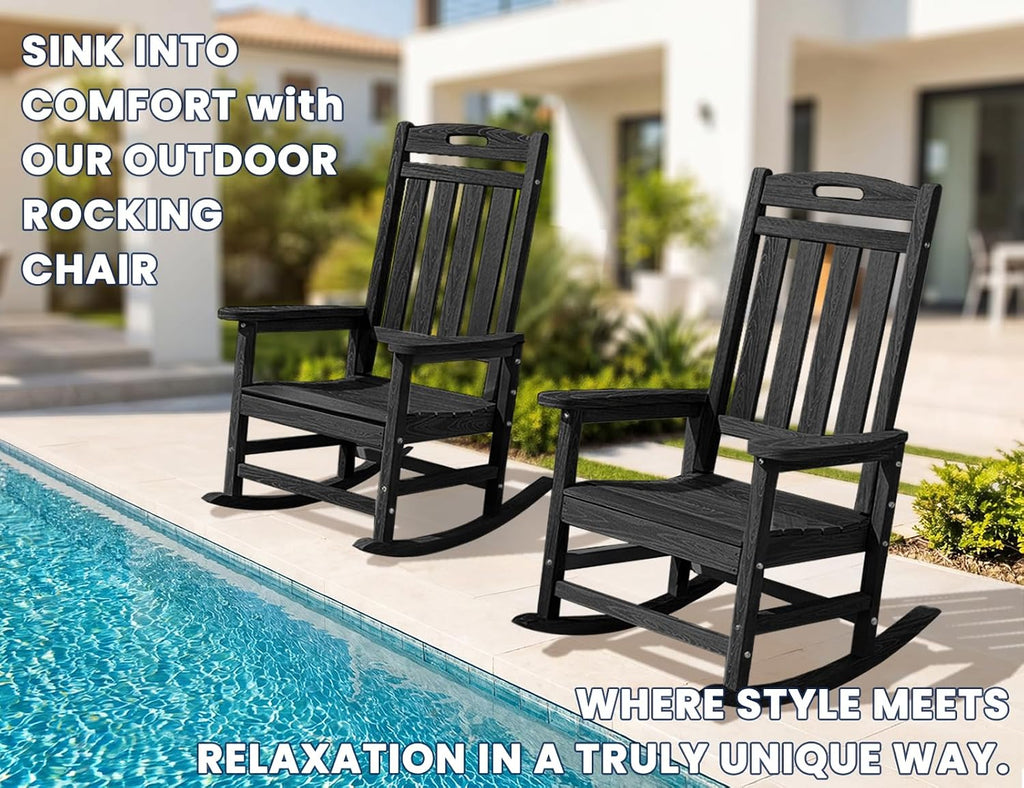 Outdoor Rocking Chair, High Back HDPE Patio Chair, All Weather Rocker Porch Chair, Lawn Chair for Deck, Porch