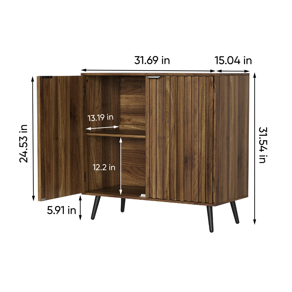 Walnut Buffet Cabinet with Storage, Sideboard Cabinet with Fluted Doors and Metal Legs, Storage Cabinet with