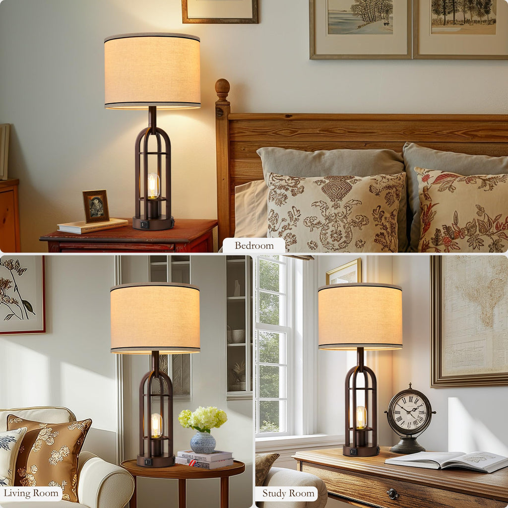 24" Farmhouse Table Lamps Bedroom Set of 2, USB A+C