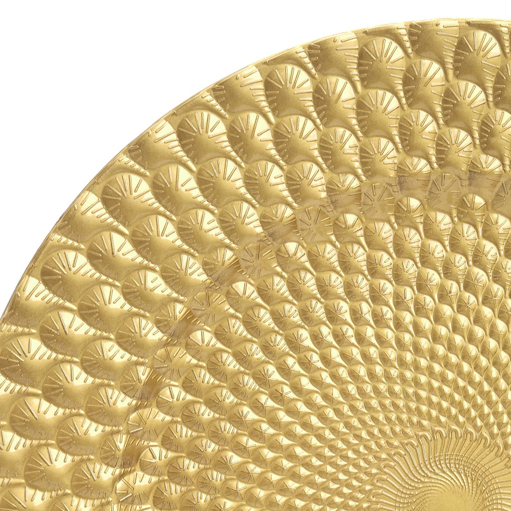 12 Pack, 13" Plastic Reusable Round Dinner Under Plates Bulk, Embossed Peacock Feather Elegant Service Charger for