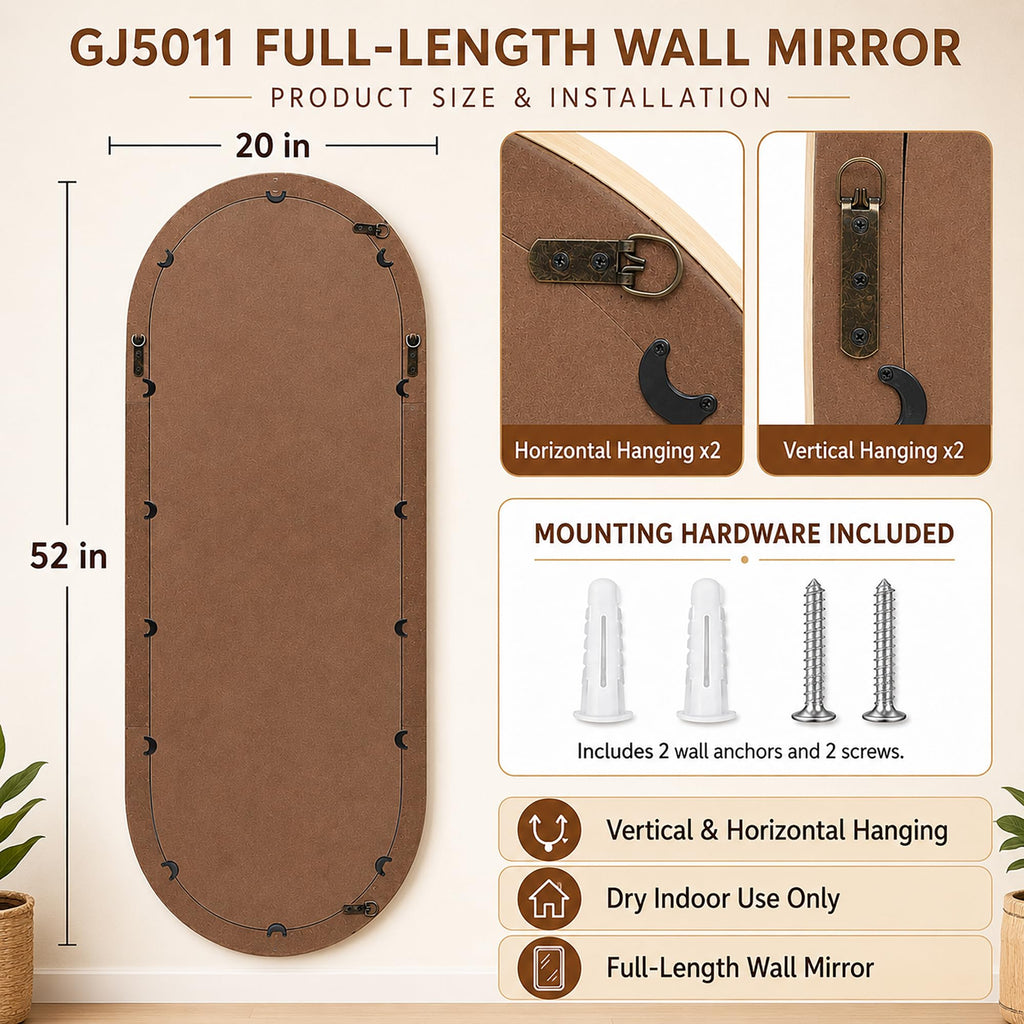20" x 52" Long Oval Full Length Wall Mirror, Bamboo Strip Frame
