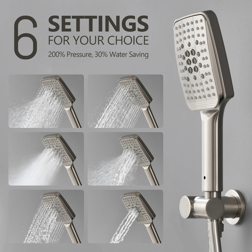 Shower Faucet Set - 12 inches Rain Shower System with 6 Function Handheld Shower Head Rough in Pressure Balance Valve