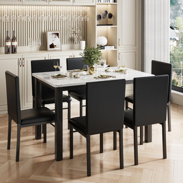 7-Piece Dining Table Set for 6 with Chairs, Faux Marble Metal Frame Rectangular Table, Space Saving Table and Chairs