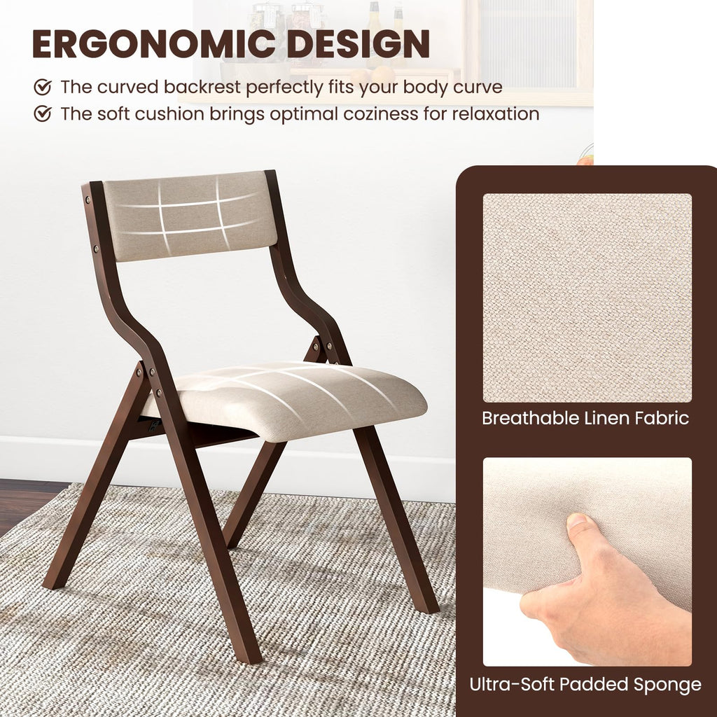 Folding Dining Chairs Set of 4, No Assembly Folding Chairs w/Linen Padded Seats, Wood Foldable Kitchen Chairs, Easy
