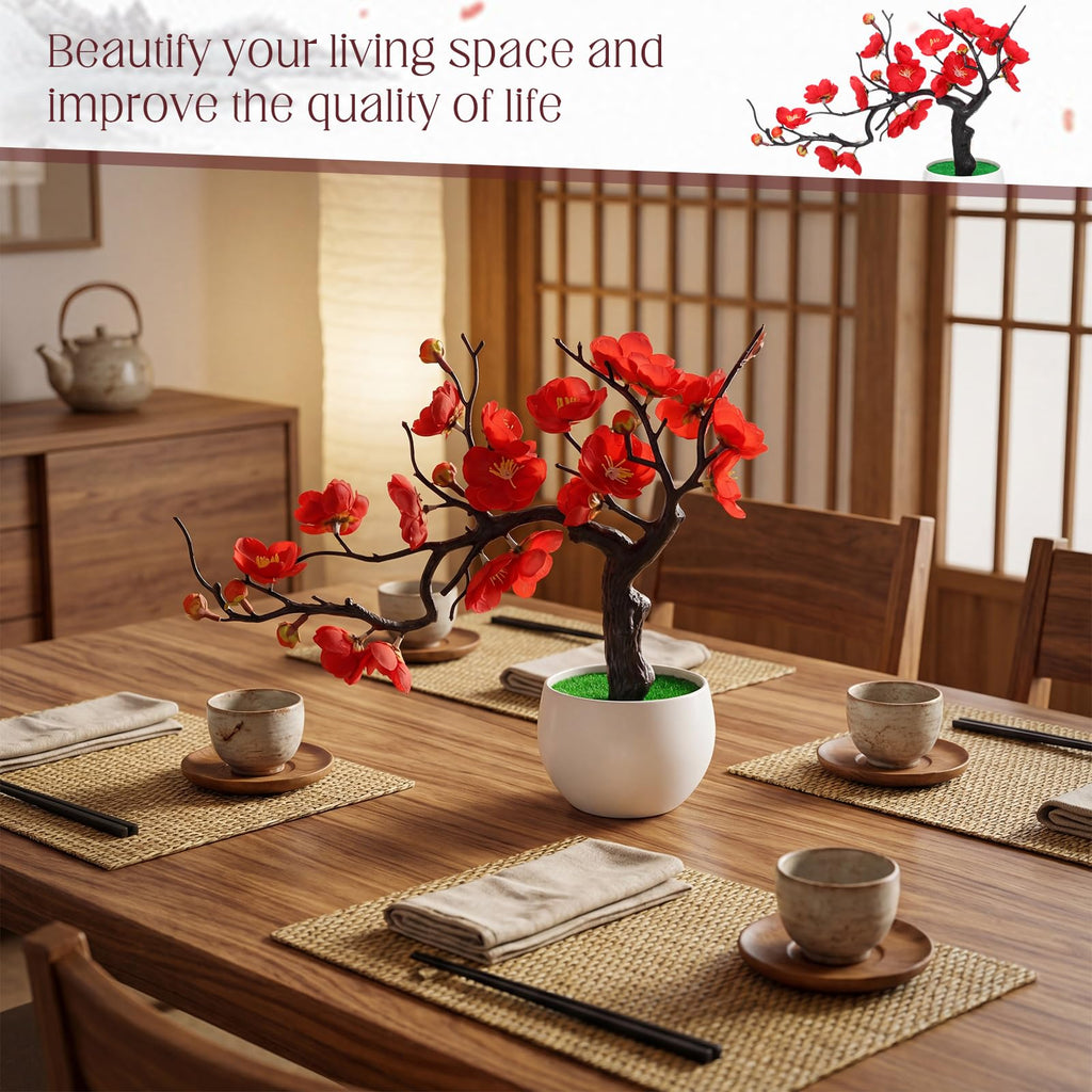 8 Pack Red Plum Blossom Silk Flowers with Pot, Lateral