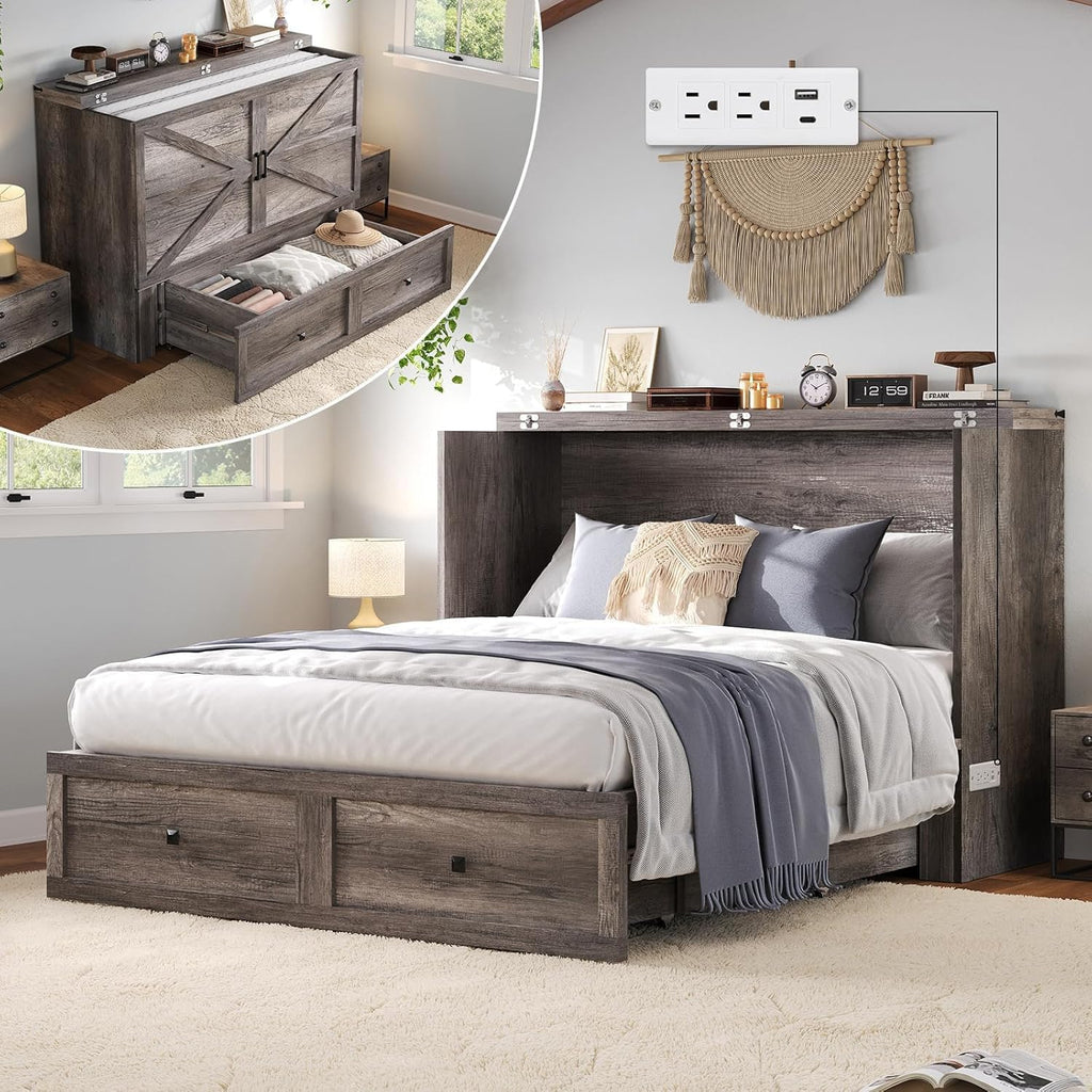 Murphy Bed Queen Cabinet Bed with Charging Station, Large Storage Drawer for Home Office or Small Room, Hideaway Bed