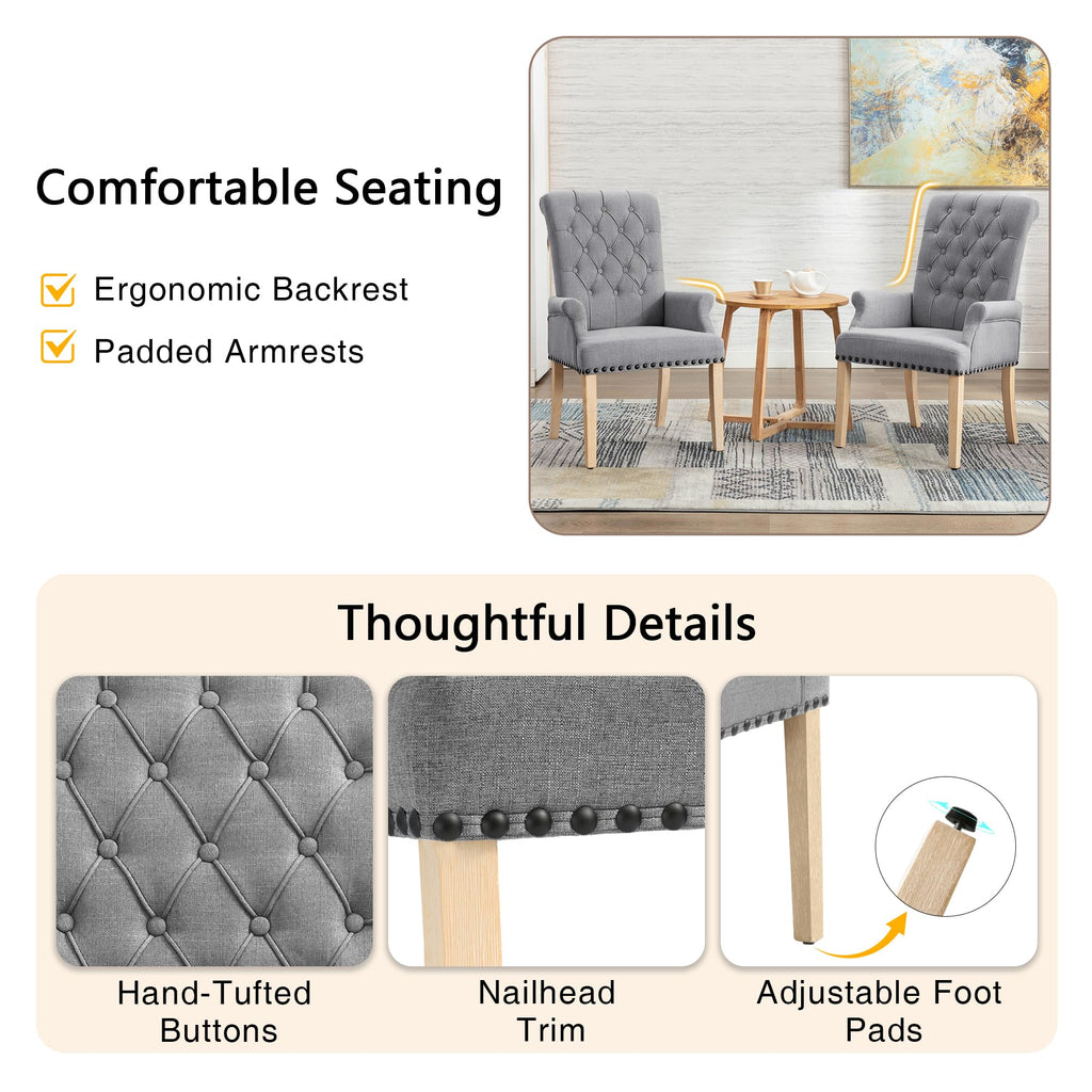 With Arms, Linen High Back Dining Room Chair, Light Grey