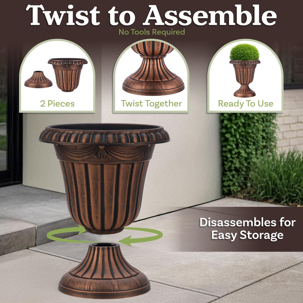Outdoor Planter 2-Pack - 16x18-Inch Urn Planters for Front Porch Decor, Indoors, Patio or Entryway - Plastic Plant