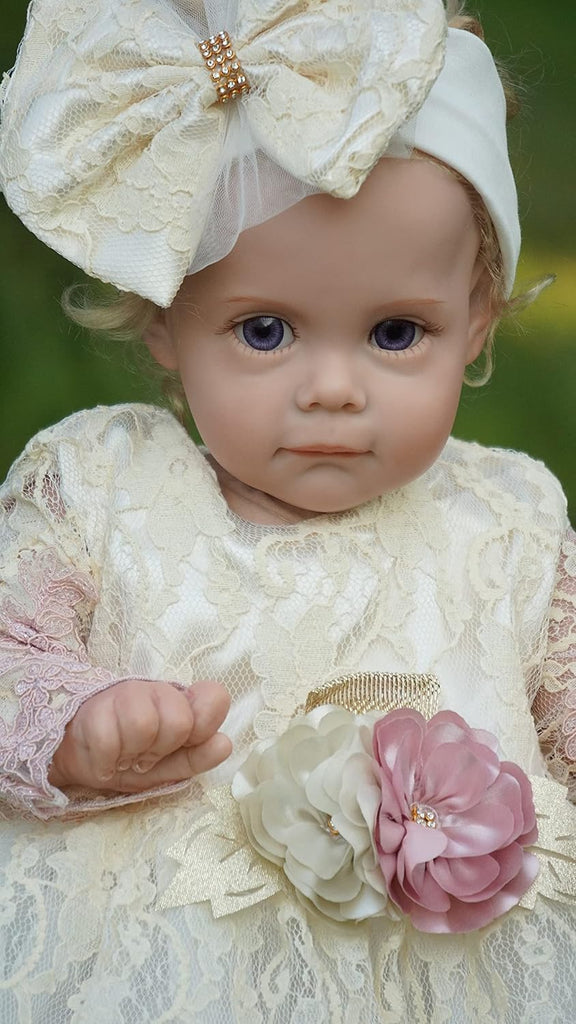 Newborn Baby Girl Lace Dress Set, 4pc Outfit for Special Occasions (US, Age, 0 Months, Pink, Ivory, Double Rose)