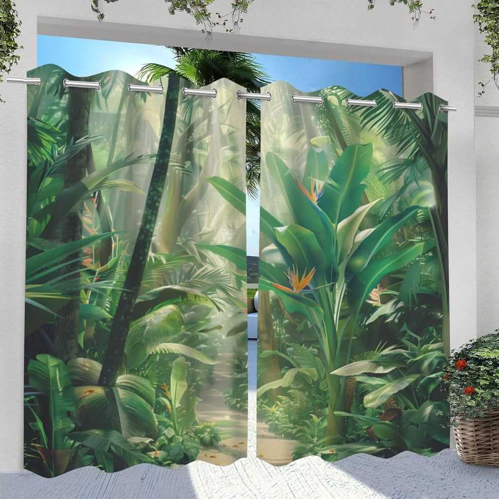 Tropical Rainforest Waterproof Outdoor Curtains ,Bush Bird Of Paradise Plant pattern,Waterproof,Privacy,Grommet