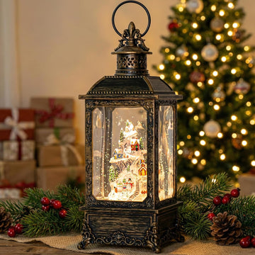 Christmas Snow Globe Lantern Musical Lighted Snow Mountain Snowman Village Water Lantern with Swirling Glitter