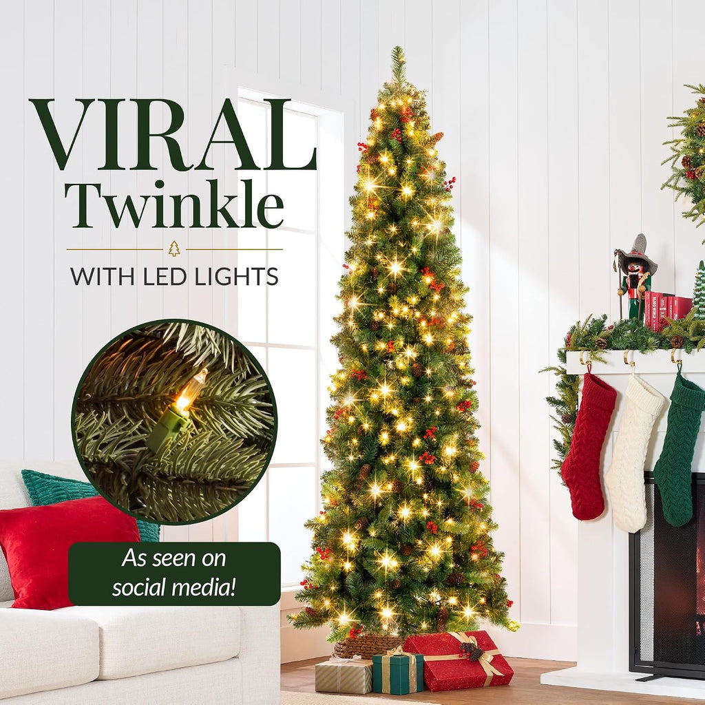 Pre-Lit Spruce Pencil Christmas Tree Pre-Decorated w/Twinkling LED Lights Holiday Decoration w/ 460 Lights, 1,298