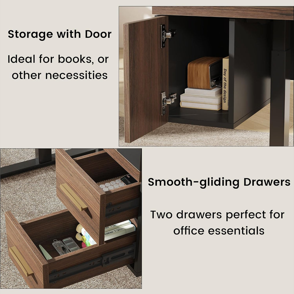 61'' Electric Standing Desk with Drawers, Dual Cup Holders | Height Adjustable Desk, Built-in Power Outlet & USB