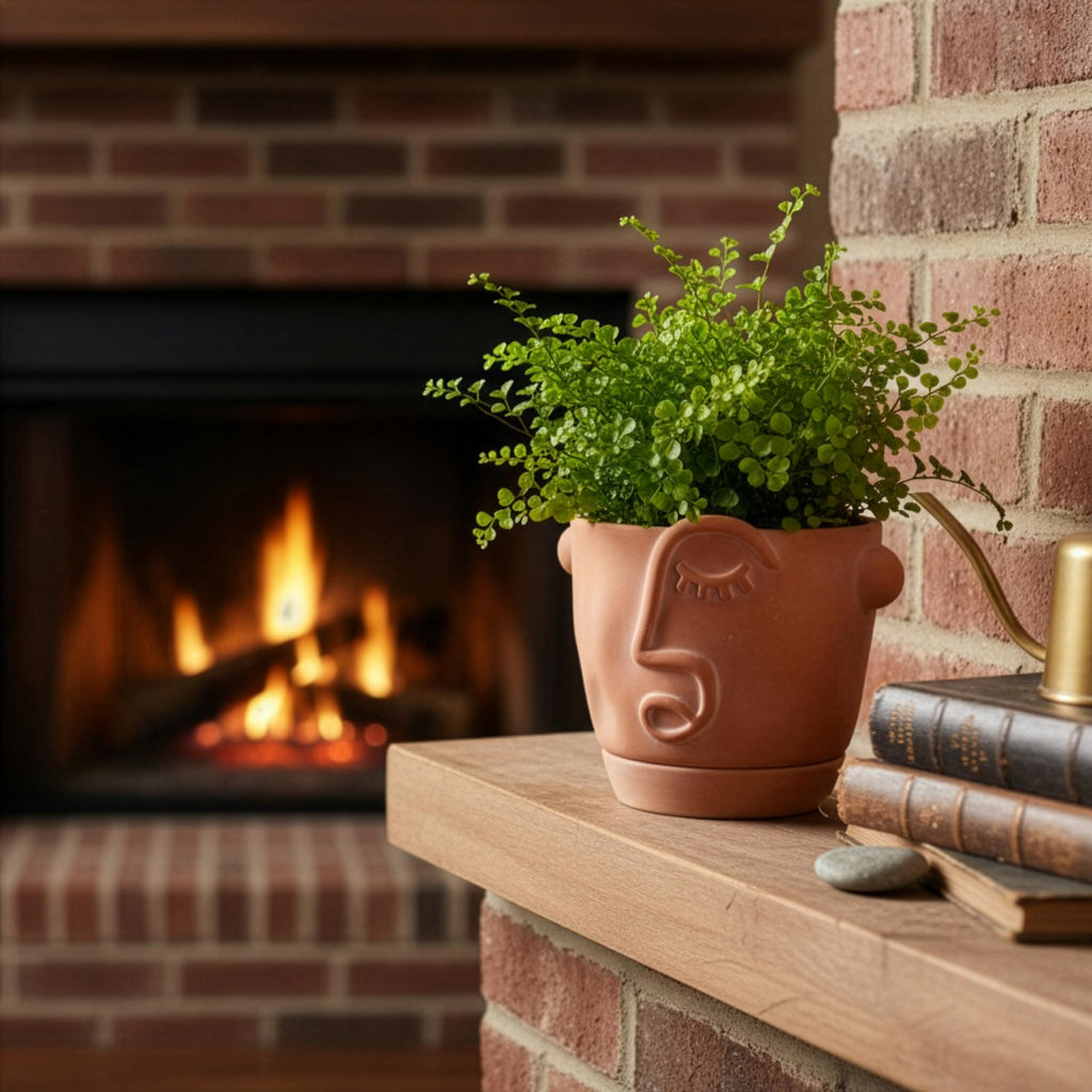 5.9 Inch Terracotta Abstract Face Planter with Drainage & Saucer - Artistic Ceramic Flower Pot for Indoor Plants