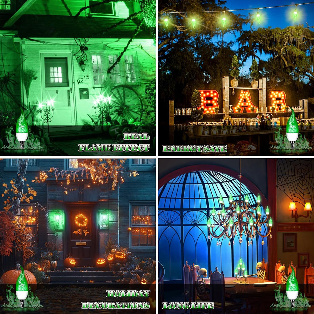E12 LED Flickering Candelabra Flame Effect Light Bulbs - Green