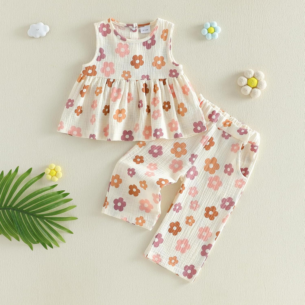 Toddler Baby Girl Clothes Floral Sleeveless Ruffle Tank Tops + Pants Kids Set Little Girls Summer Spring Outfits