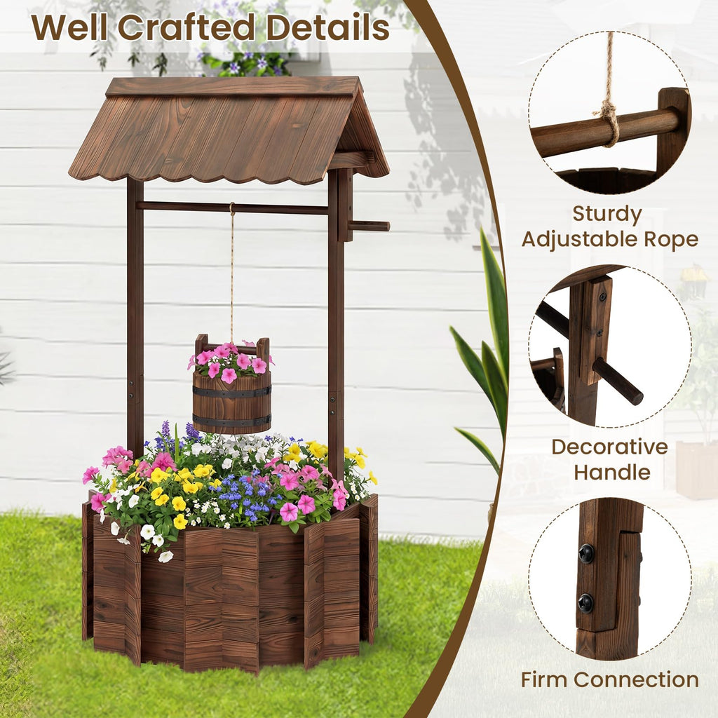 Wooden Wishing Well Outdoor, Wishing Well Planter with Hanging Bucket, Outside Rustic Decorations for Garden Yard &