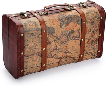 Vintage Wooden Storage Chest, Portable Decorative Luggage Suitcase, Treasure Chest Box with Map Pattern, Pirate