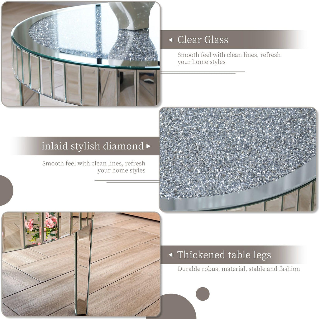 Silver Mirrored Coffee Table: 31.5in Round Crushed Diamond Tabletop