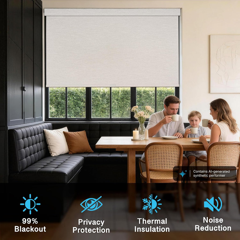 Blackout Roller Shades with Valance,White, | No-Drill Cordless Linen-Like Thermal Insulated Blinds, UV Proetction For