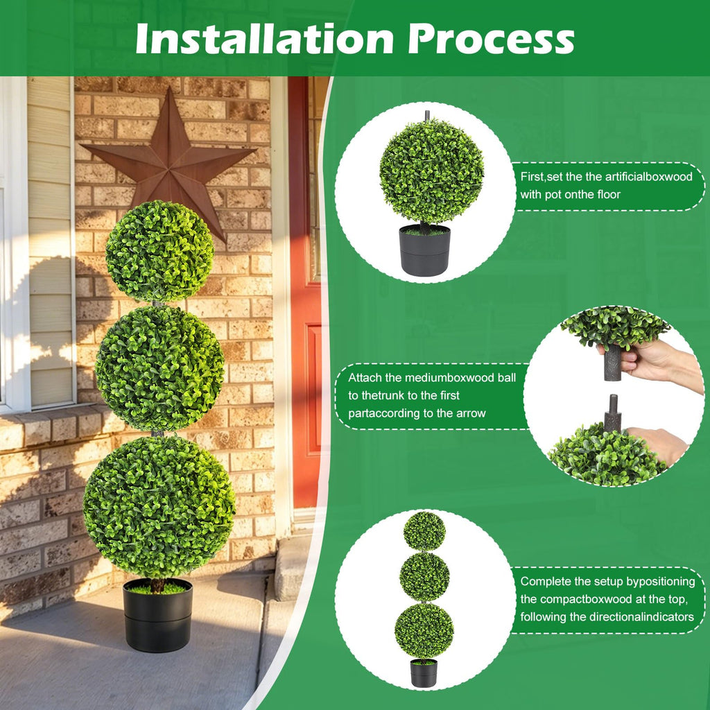 3FT Realistic Artificial Boxwood Triple Ball Topiary Tree with Pot/Ground Stake, UV-Resistant Faux Topiary Plant