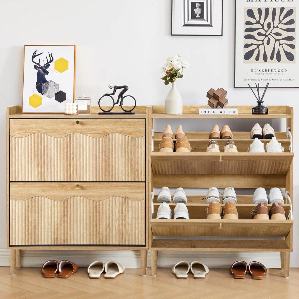 Oak 31.5" Fluted Shoe Storage Cabinet with 2 Flip Drawer