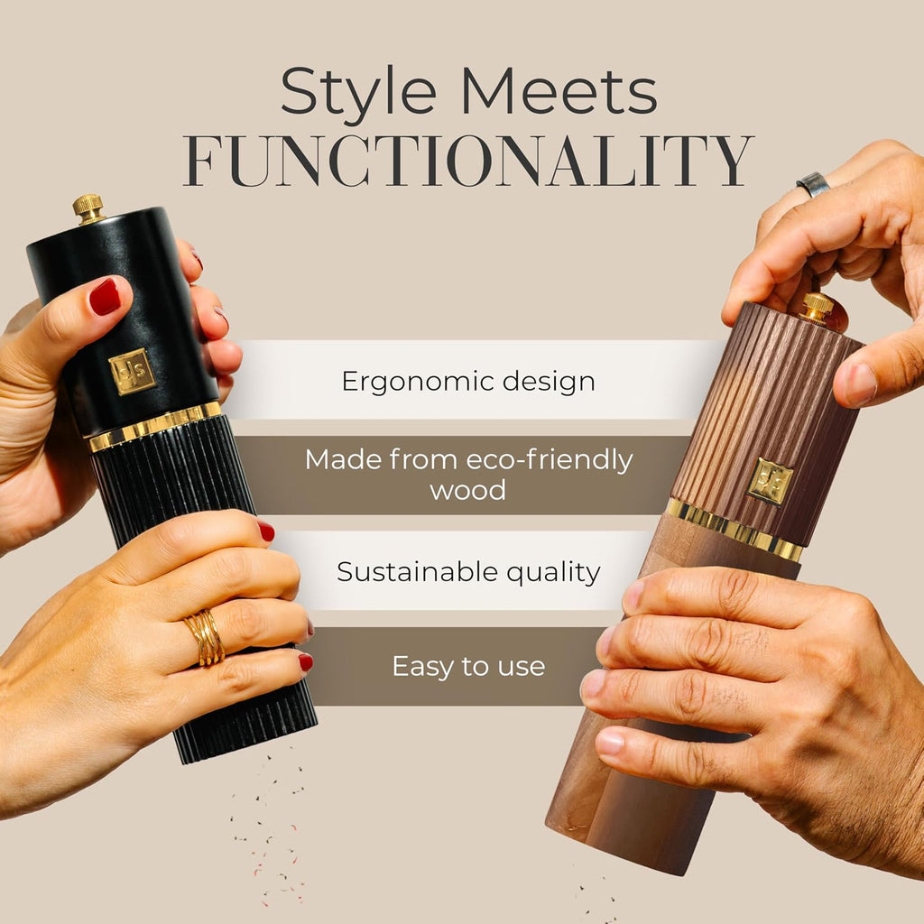 Wooden Salt and Pepper Grinder Set, Black and Dark Wood - Set of 2