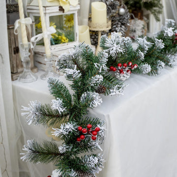 9FT Pre-Lit Artificial Christmas Garland with 50 Lights, Snow Garland Decorated with Pine Cones and Red Berries