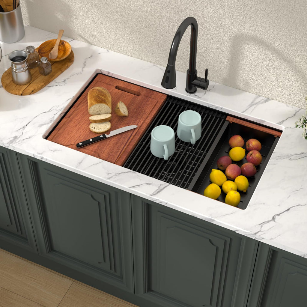 Matte Black Kitchen Sink 30 Inch Undermount Ledge Workstation T304 16 Gauge Stainless Steel Single Bowl Under Counter
