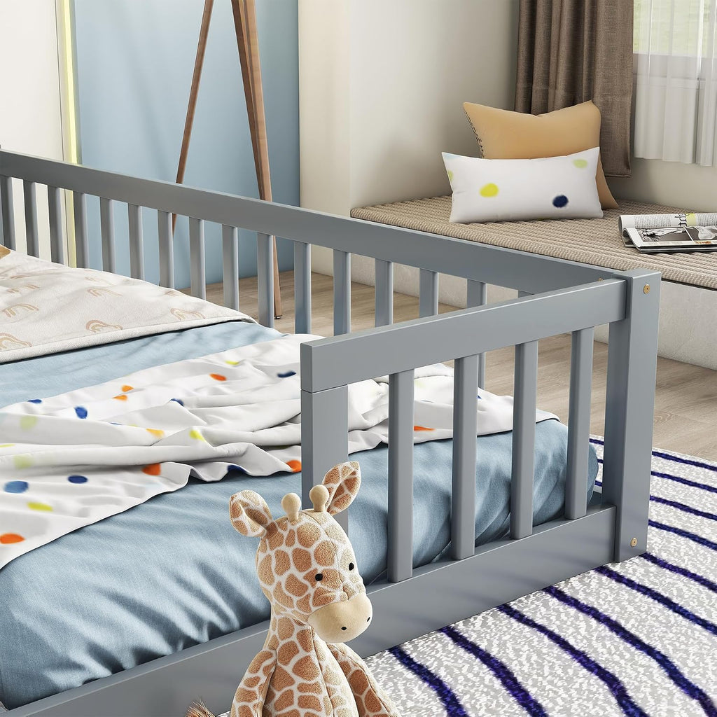 Double Floor Bed for Twins, Two Shared Beds, Floor Bed for 2 Kids, Double Bed with Guardrails for