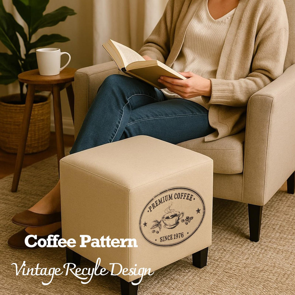 14" Vintage Coffee Linen Ottoman, Footstool