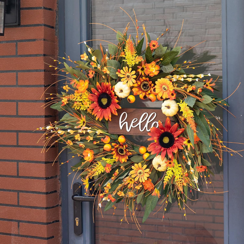24 Inch Artificial Fall Wreaths for Front Door Outside with Hello Sign''