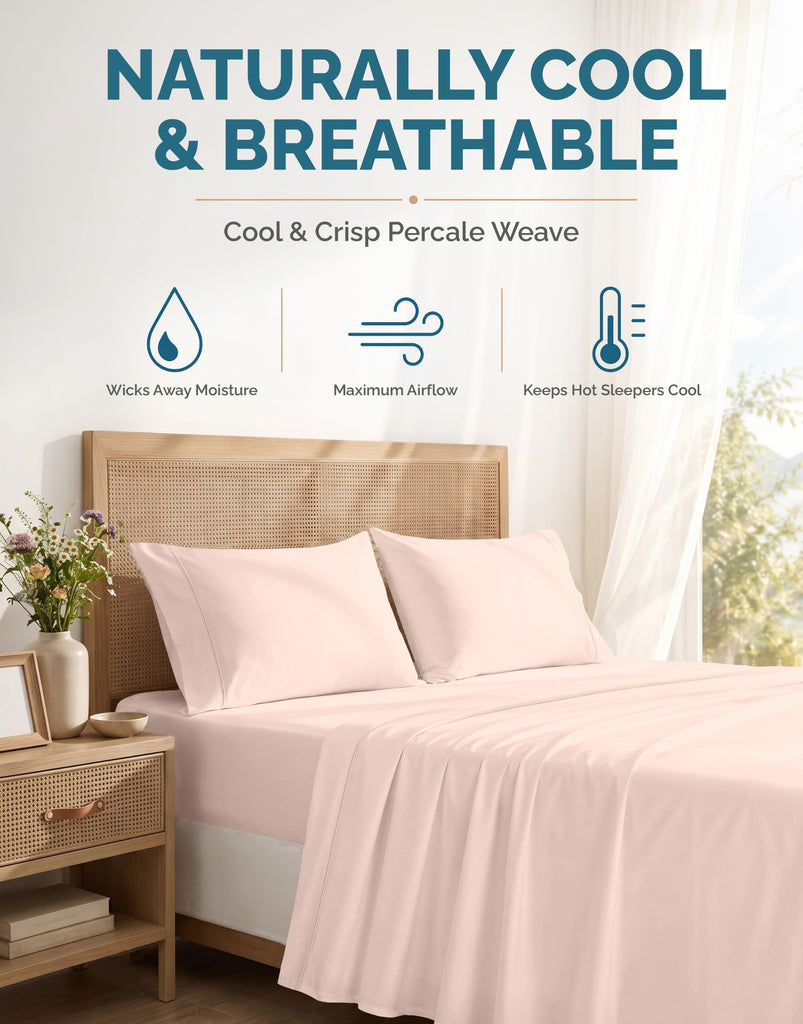 100% Cotton Twin Size Sheets Set - 4 Piece Crisp Percale Twin Size Cooling Sheets, Lightweight for Summer, with 15"