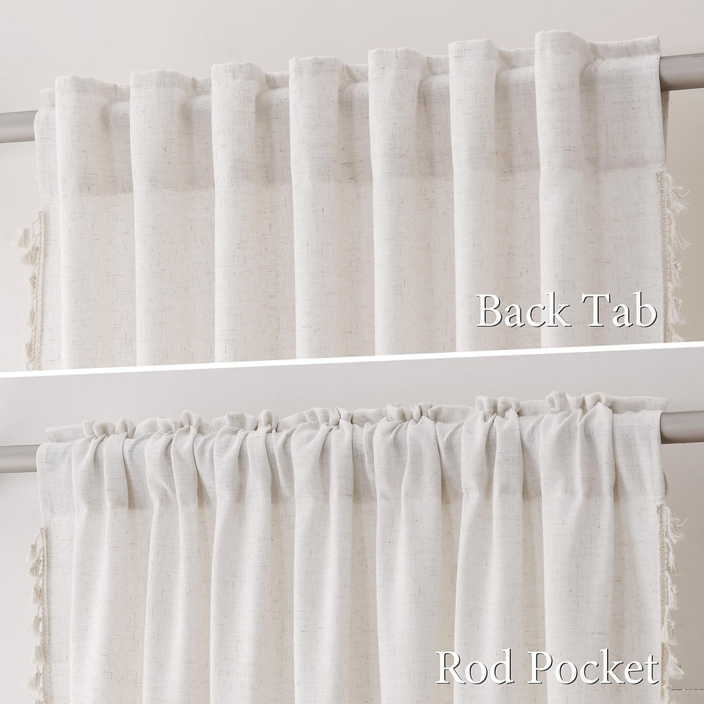 Natural Boho Linen Curtains 84 Inches Long 2 Panels Cream Beige Semi Sheer Curtain Tassel Rod Pocket Back Tab Light