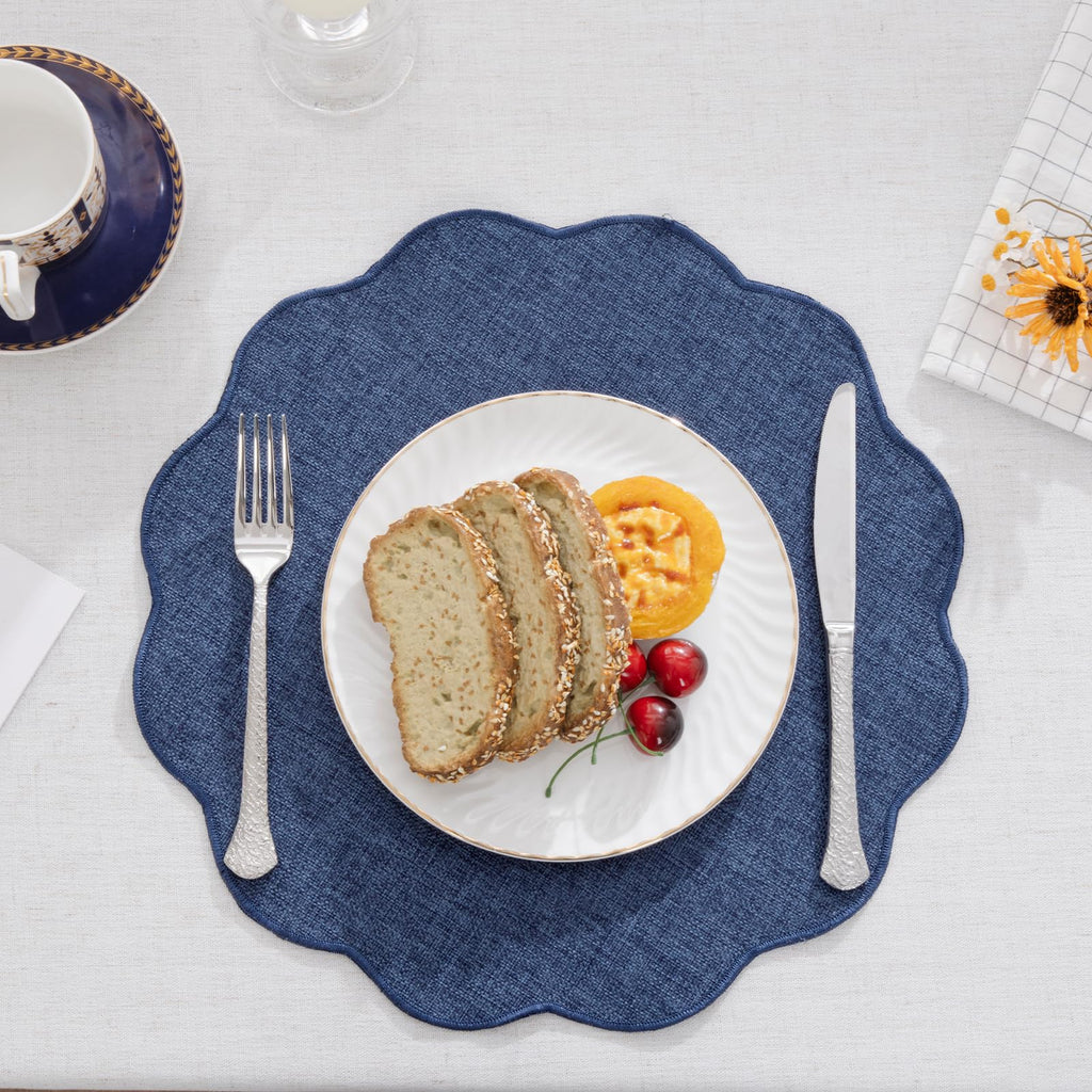 Navy Blue Round Scalloped Placemats Set of 4 Polyester Linen Blend