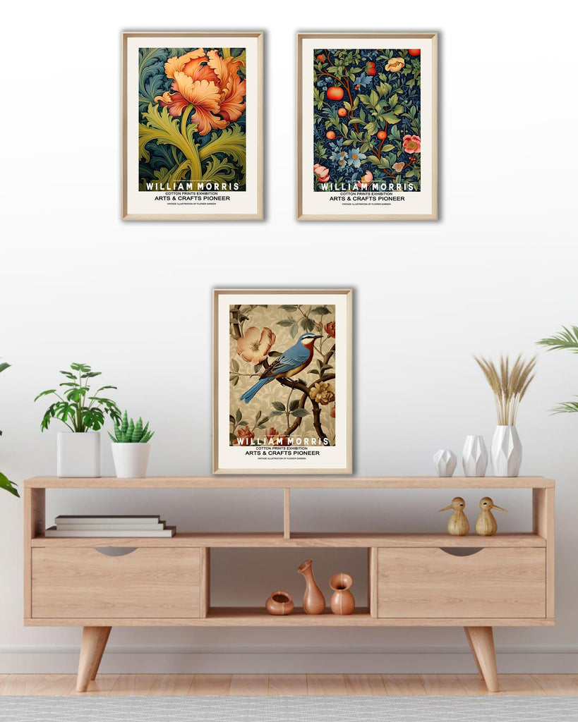William Morris Inspired Wood Framed Wall Art, 12x16 Inch, Set of 3
