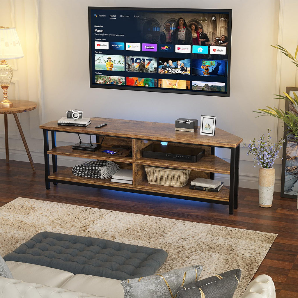 55'' Corner TV Stand with Power Outlet, Corner Entertainment Center TV Console Table with 4 Open Storage Shelves