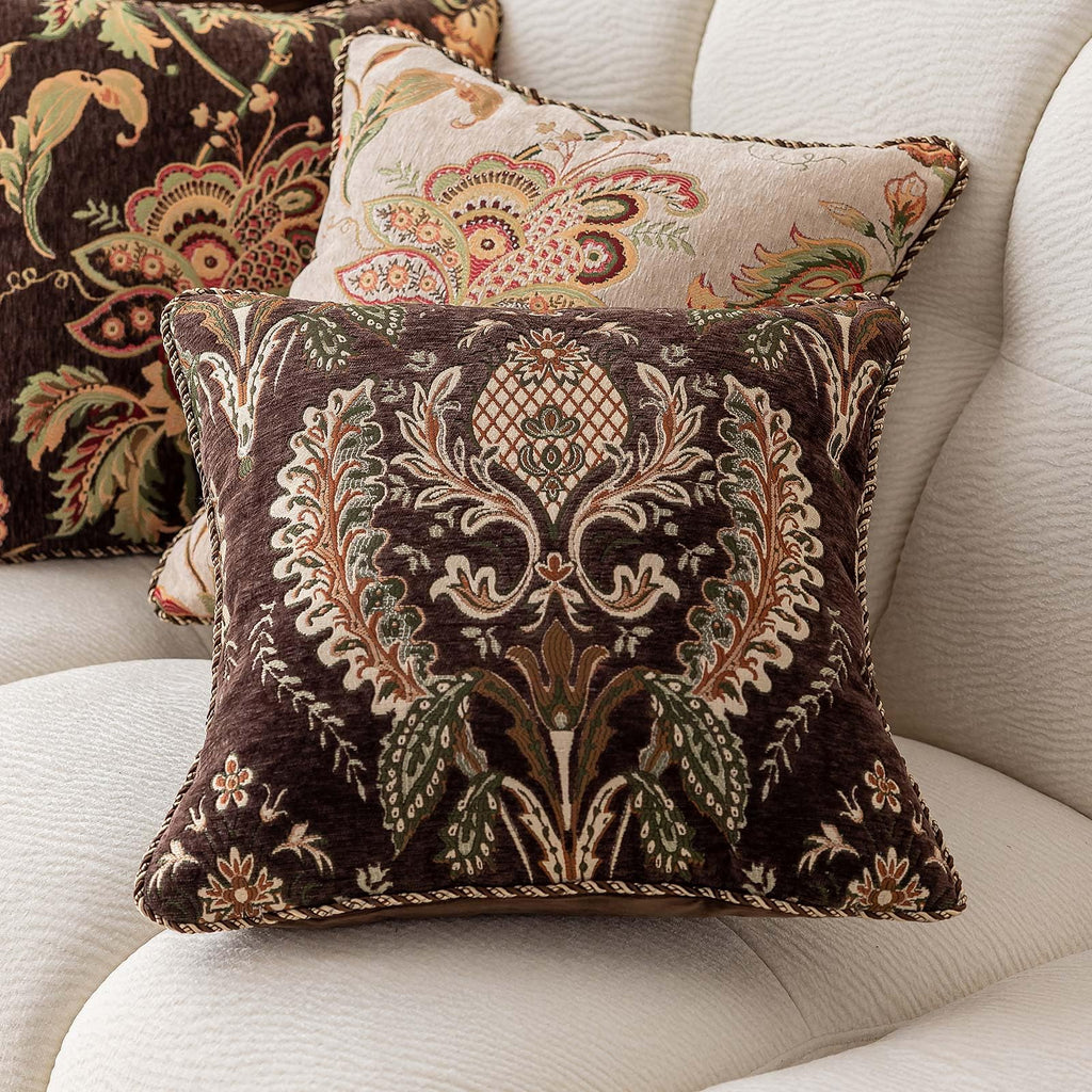 Embroidered Throw Pillow Cover 18x18 3D Chenille Baroque Damask, Brown