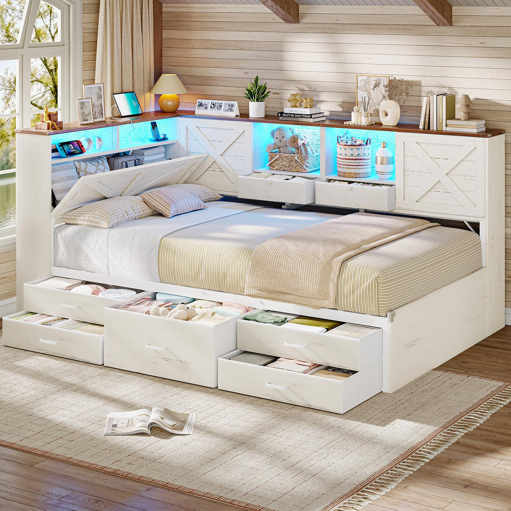Farmhouse Corner Bed with 7 Drawers & Sliding Doors, White