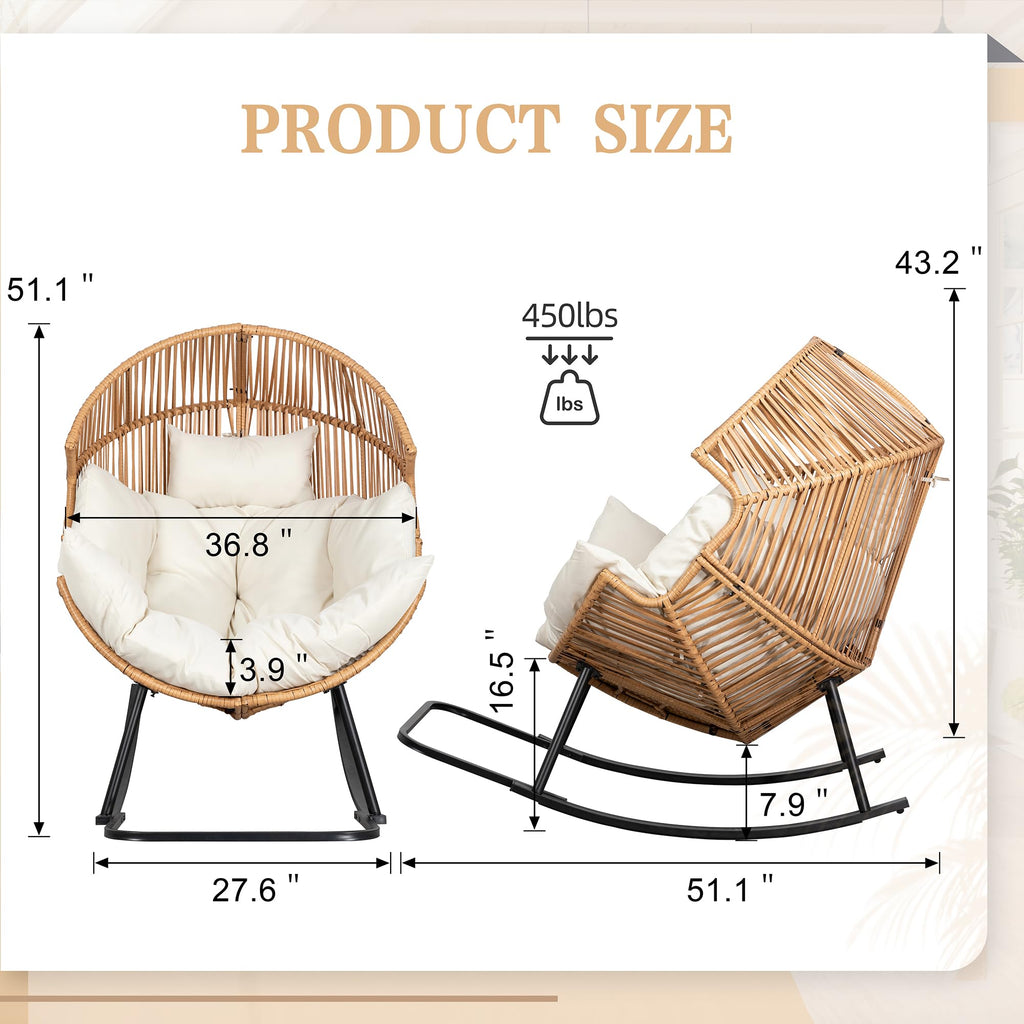 Wicker Rocking Egg Chair PE Rattan with Cushion, Oversized Patio Lounge Rocker Chair for Outdoor, Indoor, Balcony